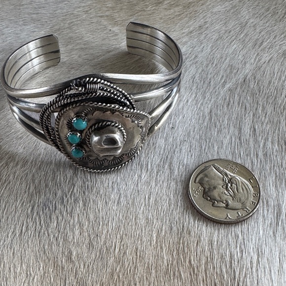 Navajo Bobby Platero Sterling Silver and Turquoise Cowboy Hat Bracelet - Picture 3 of 4